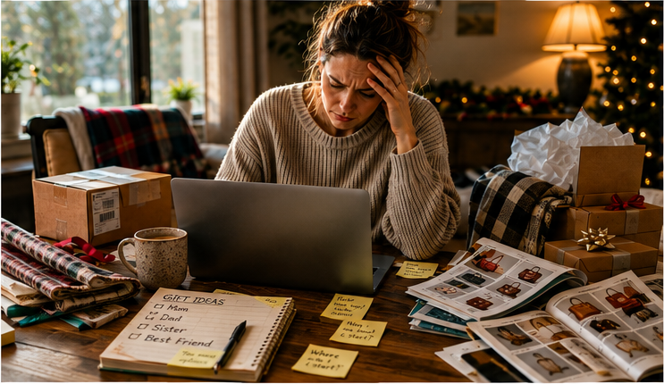 A shopper overwhelmed while searching for the right gift