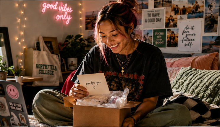A college student opening a thoughtful personal gift