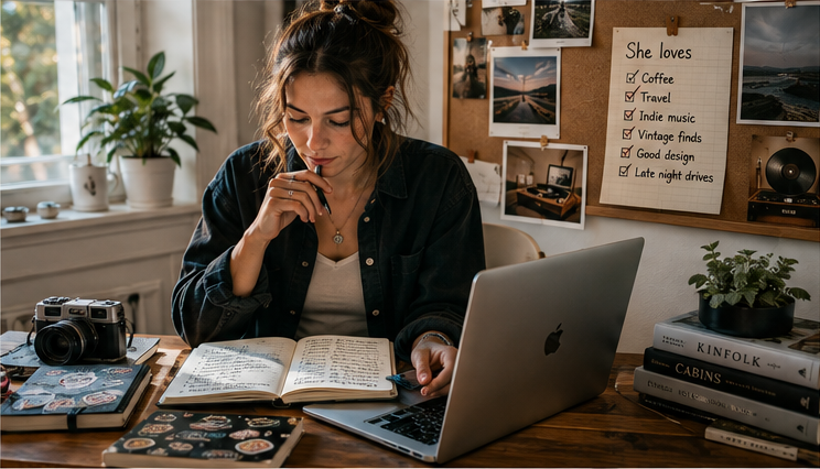 A woman thinking through someone's interests and personality