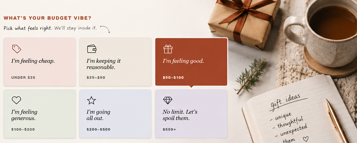 A warm editorial budget selection experience